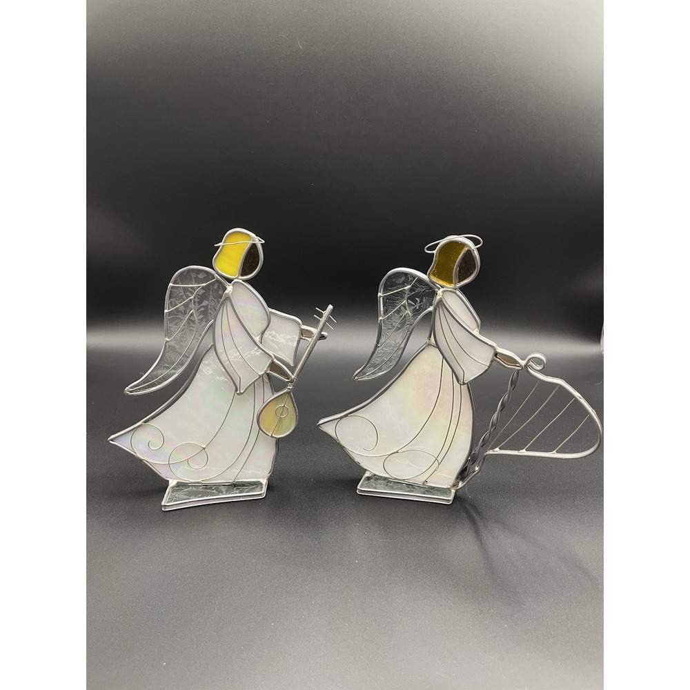 Vintage Stained Glass Angels With Instruments Set Of Two - Picture 2 of 14